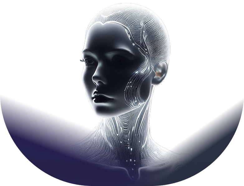 Chrome humanoid robot head representing artificial intelligence